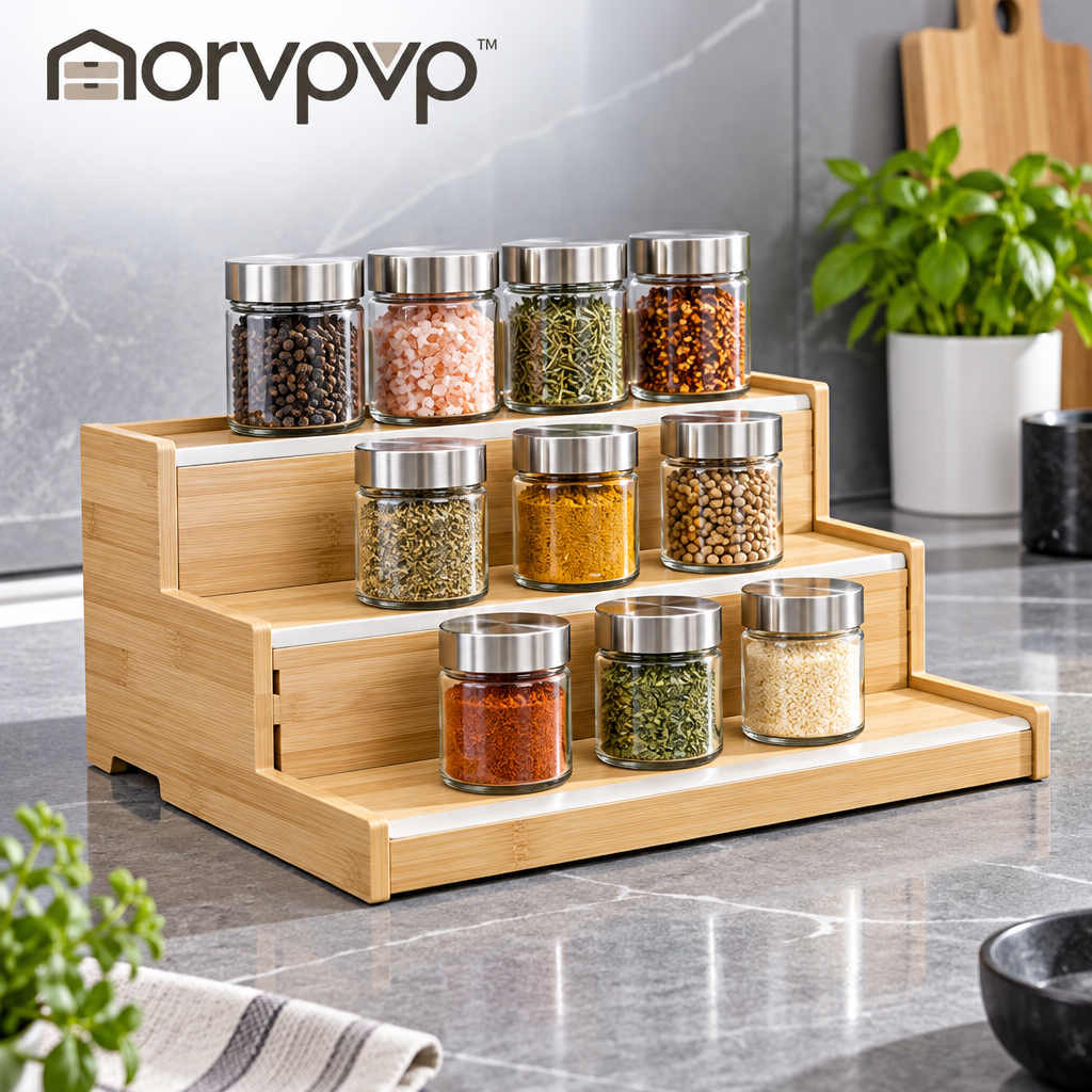 morvpvp™ TierLine Expandable Bamboo Spice Rack Organizer, 3-Tier Adjustable Kitchen Cabinet Shelf for Seasoning Jars, Pantry Storage & Countertop Organization