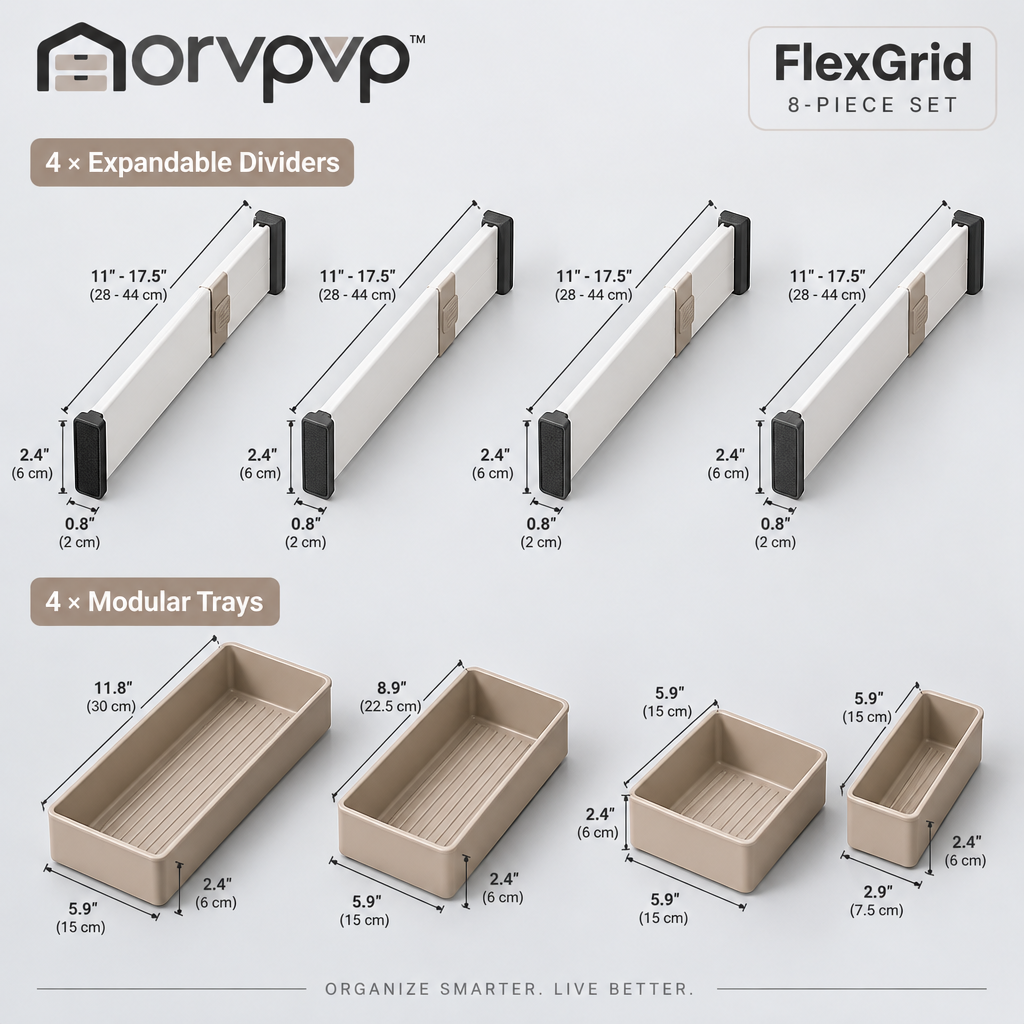morvpvp™ FlexGrid Adjustable Kitchen Drawer Organizer, 8-Piece Modular Drawer Divider Set for Utensils, Flatware, Kitchen Tools & Household Storage