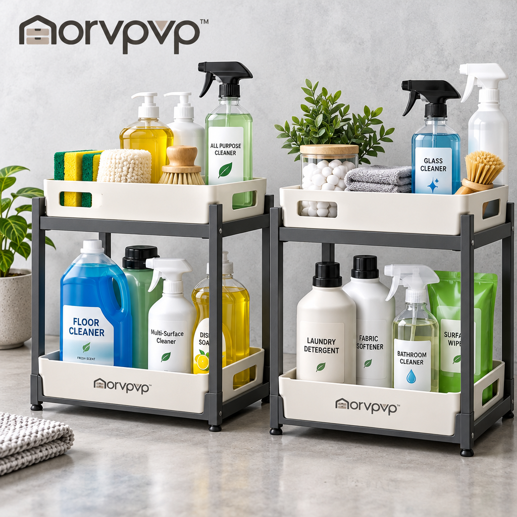 morvpvp™ SlideEase 2-Tier Under Sink Organizer, 2-Pack Pull-Out Cabinet Storage Rack with Sliding Drawers for Kitchen Cleaning Supplies & Bathroom Essentials