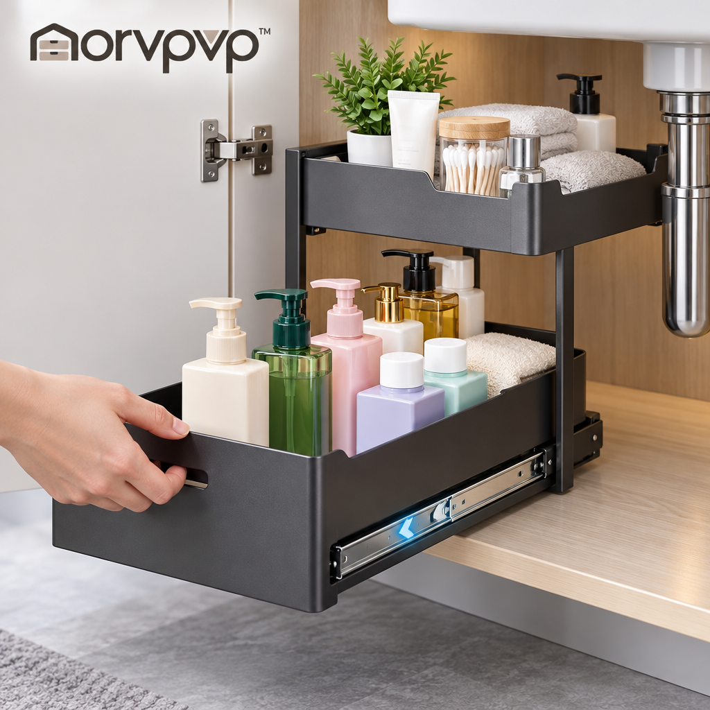 morvpvp™ SlideEase 2-Tier Under Sink Organizer, 2-Pack Pull-Out Cabinet Storage Rack with Sliding Drawers for Kitchen Cleaning Supplies & Bathroom Essentials