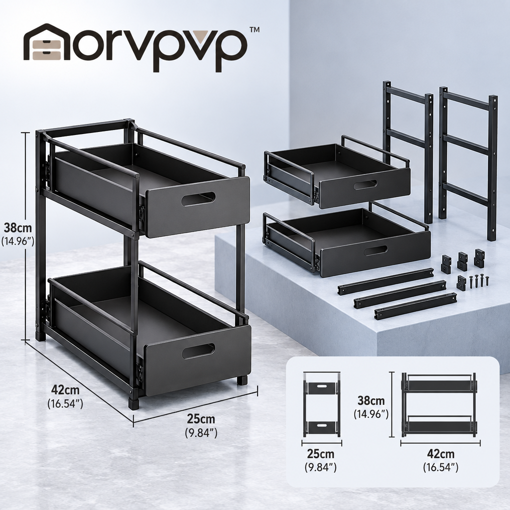 morvpvp™ SlideEase 2-Tier Under Sink Organizer, 2-Pack Pull-Out Cabinet Storage Rack with Sliding Drawers for Kitchen Cleaning Supplies & Bathroom Essentials