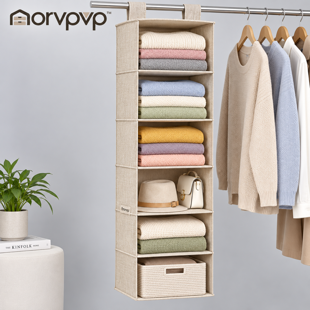 morvpvp™ SoftTier 6-Shelf Hanging Closet Organizer, Foldable Fabric Wardrobe Storage Shelves with Reinforced Compartments for Sweaters, Clothing, Towels & Accessories