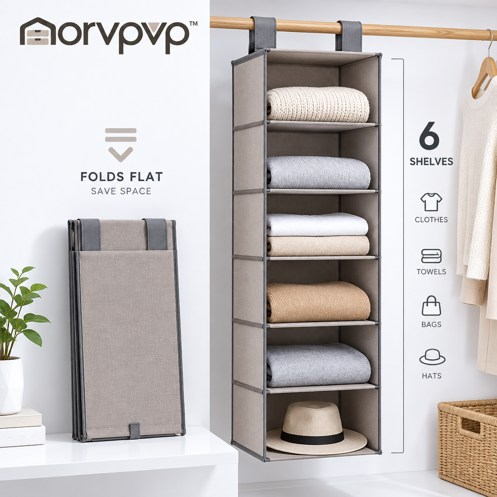 morvpvp™ SoftTier 6-Shelf Hanging Closet Organizer, Foldable Fabric Wardrobe Storage Shelves with Reinforced Compartments for Sweaters, Clothing, Towels & Accessories
