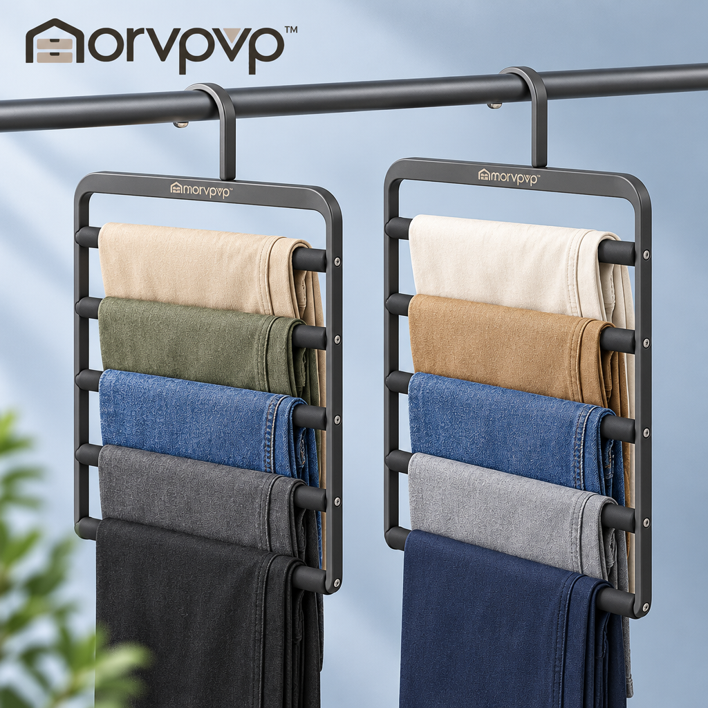 morvpvp™ LineFold 5-Tier Pants Hangers, 2-Pack Space-Saving Metal Trouser Organizers with Non-Slip Bars for Jeans, Slacks, Scarves & Closet Storage