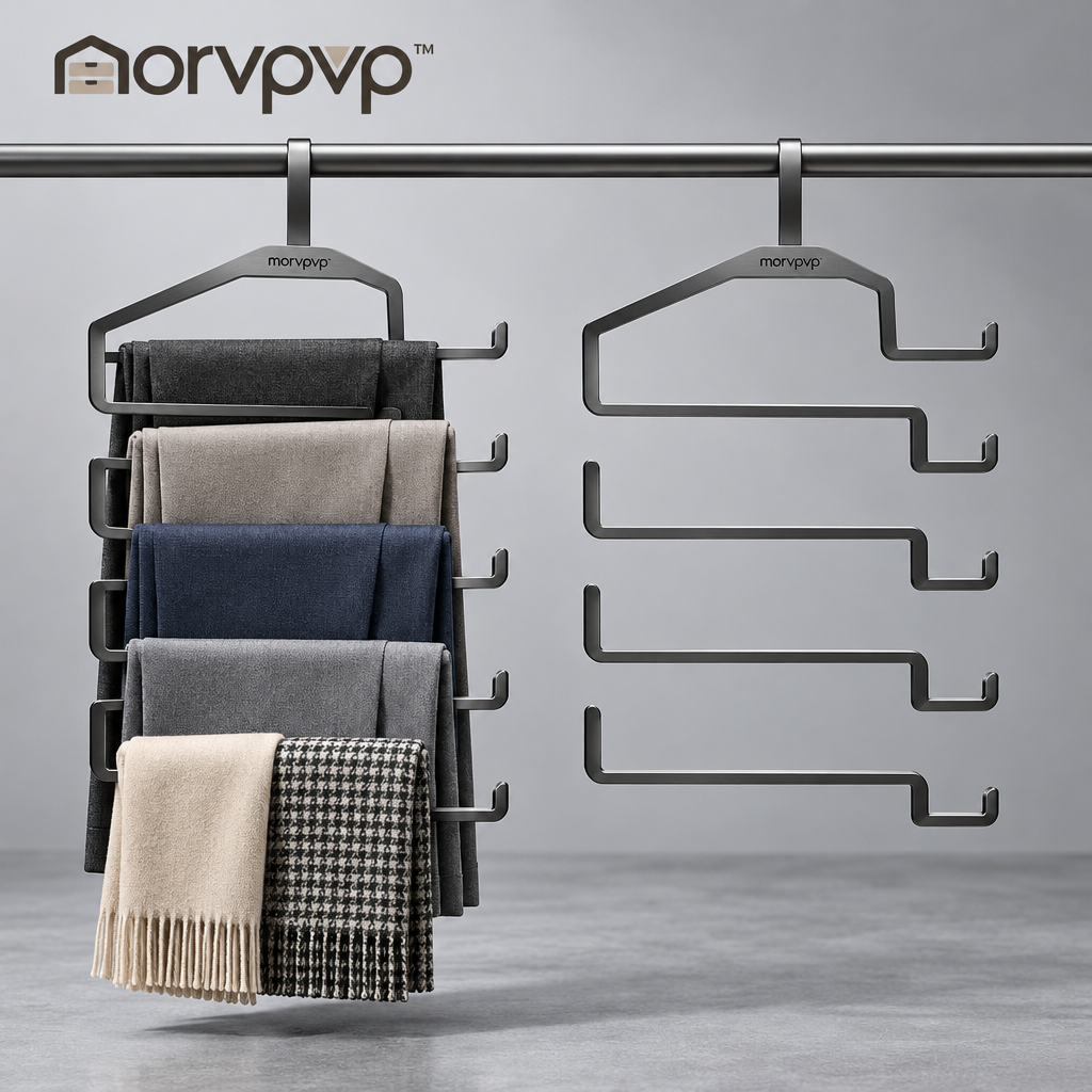 morvpvp™ LineFold 5-Tier Pants Hangers, 2-Pack Space-Saving Metal Trouser Organizers with Non-Slip Bars for Jeans, Slacks, Scarves & Closet Storage