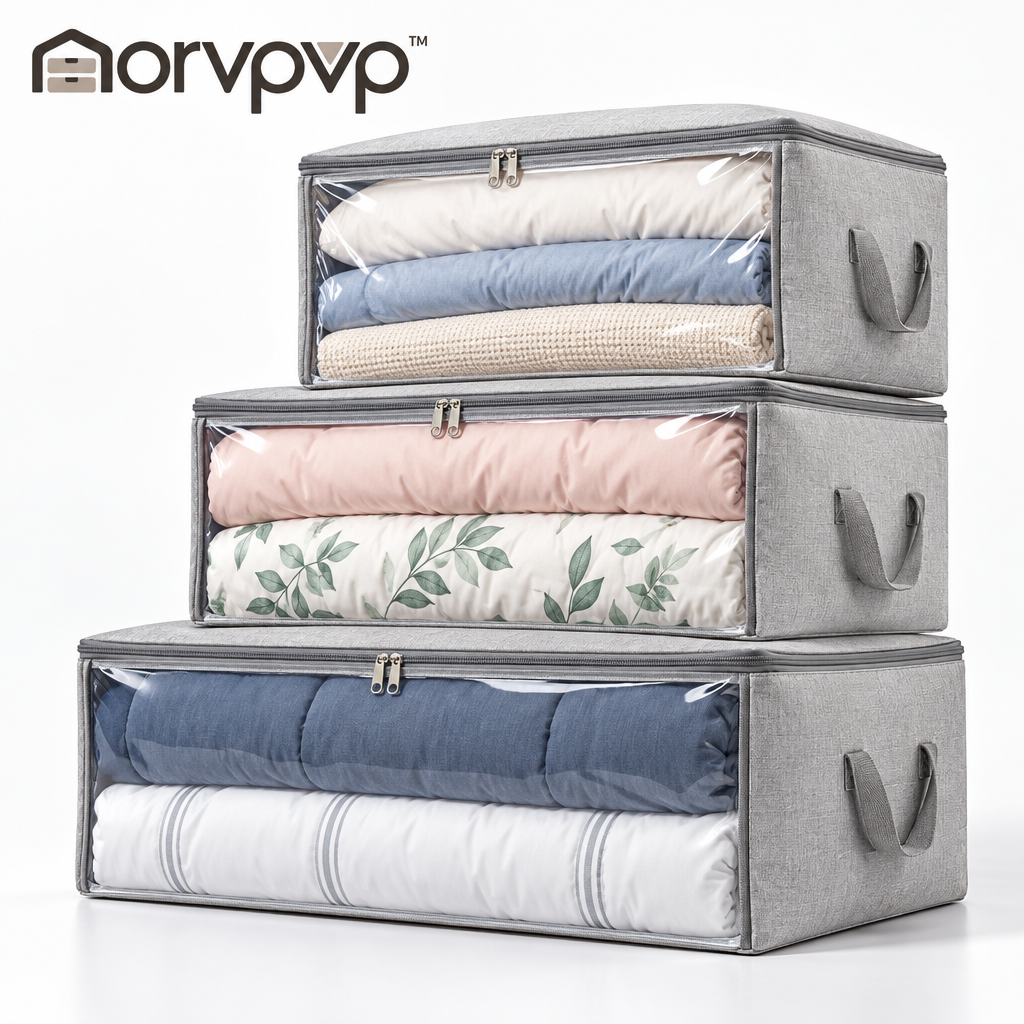 morvpvp™ LinenFold Large Blanket Storage Bags, 3-Pack Foldable Fabric Bedding Organizers with Zippered Lids, Clear Windows & Carry Handles for Comforters and Seasonal Clothes