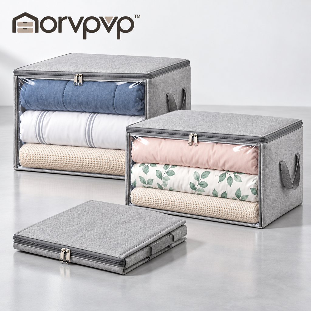 morvpvp™ LinenFold Large Blanket Storage Bags, 3-Pack Foldable Fabric Bedding Organizers with Zippered Lids, Clear Windows & Carry Handles for Comforters and Seasonal Clothes