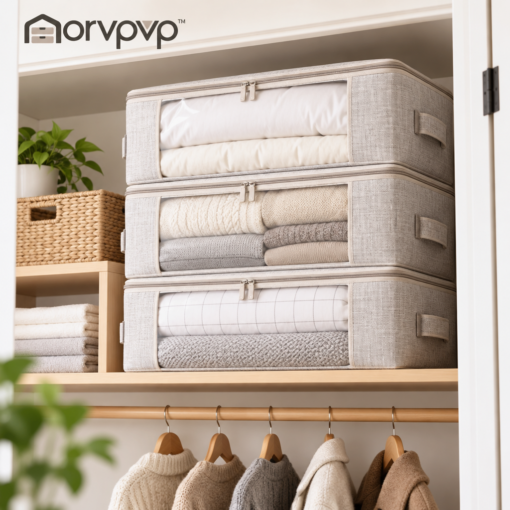 morvpvp™ LinenFold Large Blanket Storage Bags, 3-Pack Foldable Fabric Bedding Organizers with Zippered Lids, Clear Windows & Carry Handles for Comforters and Seasonal Clothes