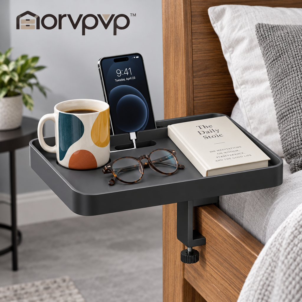 morvpvp™ BedsideArc Clip-On Bed Shelf, Compact Bedside Organizer Tray with Phone Slot & Adjustable Clamp for Books, Glasses, Remotes & Small Bedroom Essentials