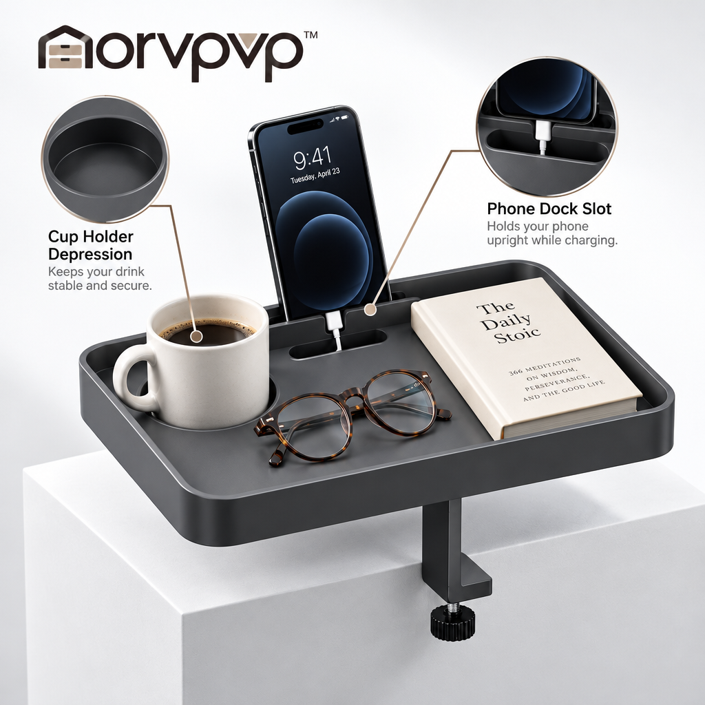 morvpvp™ BedsideArc Clip-On Bed Shelf, Compact Bedside Organizer Tray with Phone Slot & Adjustable Clamp for Books, Glasses, Remotes & Small Bedroom Essentials