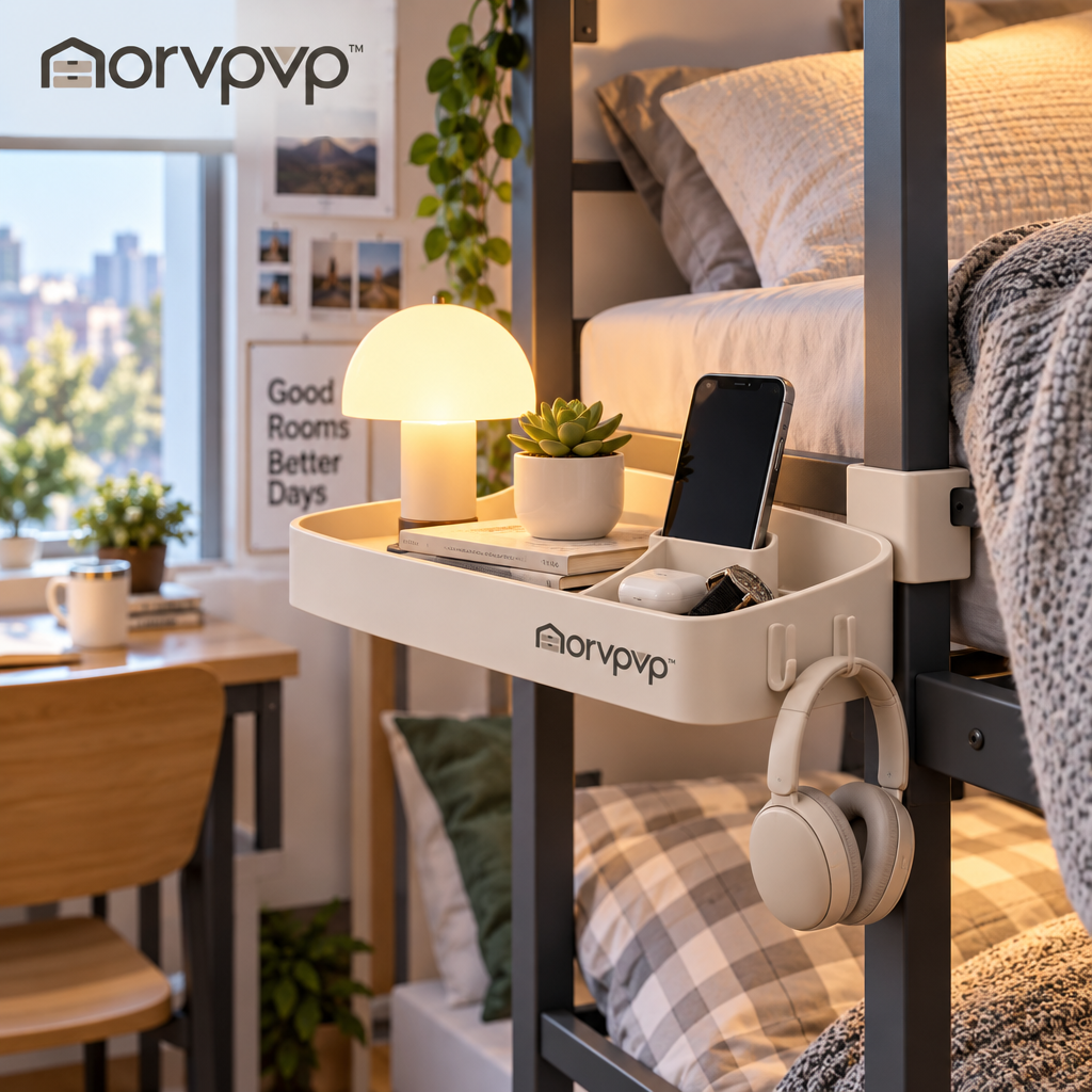 morvpvp™ BedsideArc Clip-On Bed Shelf, Compact Bedside Organizer Tray with Phone Slot & Adjustable Clamp for Books, Glasses, Remotes & Small Bedroom Essentials