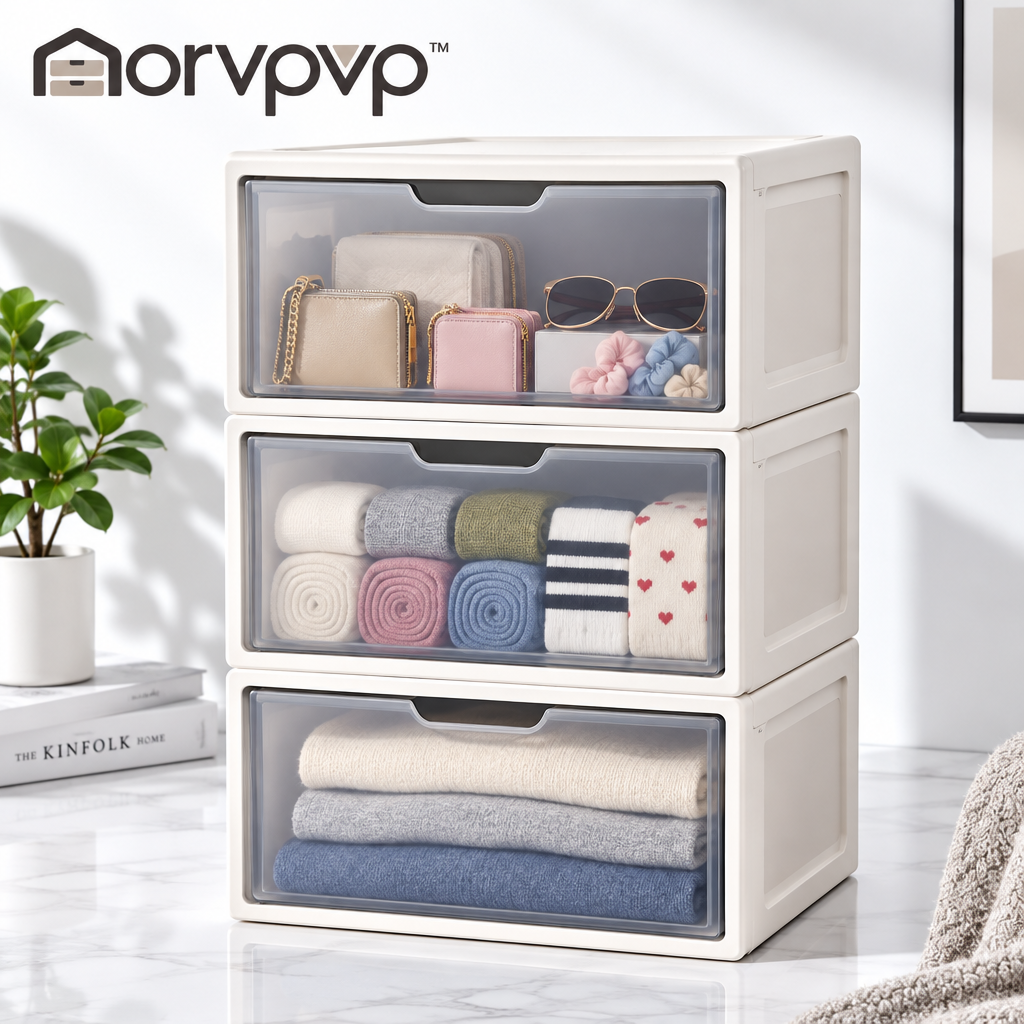 morvpvp™ StackForm Stackable Storage Drawer Boxes, 3-Piece Modular Plastic Organizer Drawers for Bedroom Closets, Dresser Accessories, Clothing & Household Essentials
