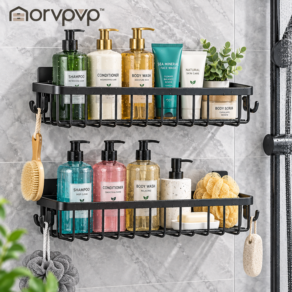 morvpvp™ AquaLine Shower Caddy Organizer, 2-Pack Wall-Mounted Bathroom Shelves with Drainage Slots & Removable Hooks for Shampoo, Conditioner, Soap & Shower Essentials