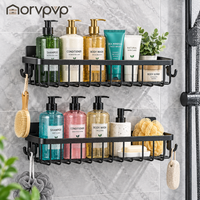 morvpvp™ AquaLine Shower Caddy Organizer, 2-Pack Wall-Mounted Bathroom Shelves with Drainage Slots & Removable Hooks for Shampoo, Conditioner, Soap & Shower Essentials