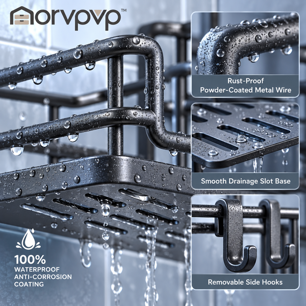 morvpvp™ AquaLine Shower Caddy Organizer, 2-Pack Wall-Mounted Bathroom Shelves with Drainage Slots & Removable Hooks for Shampoo, Conditioner, Soap & Shower Essentials
