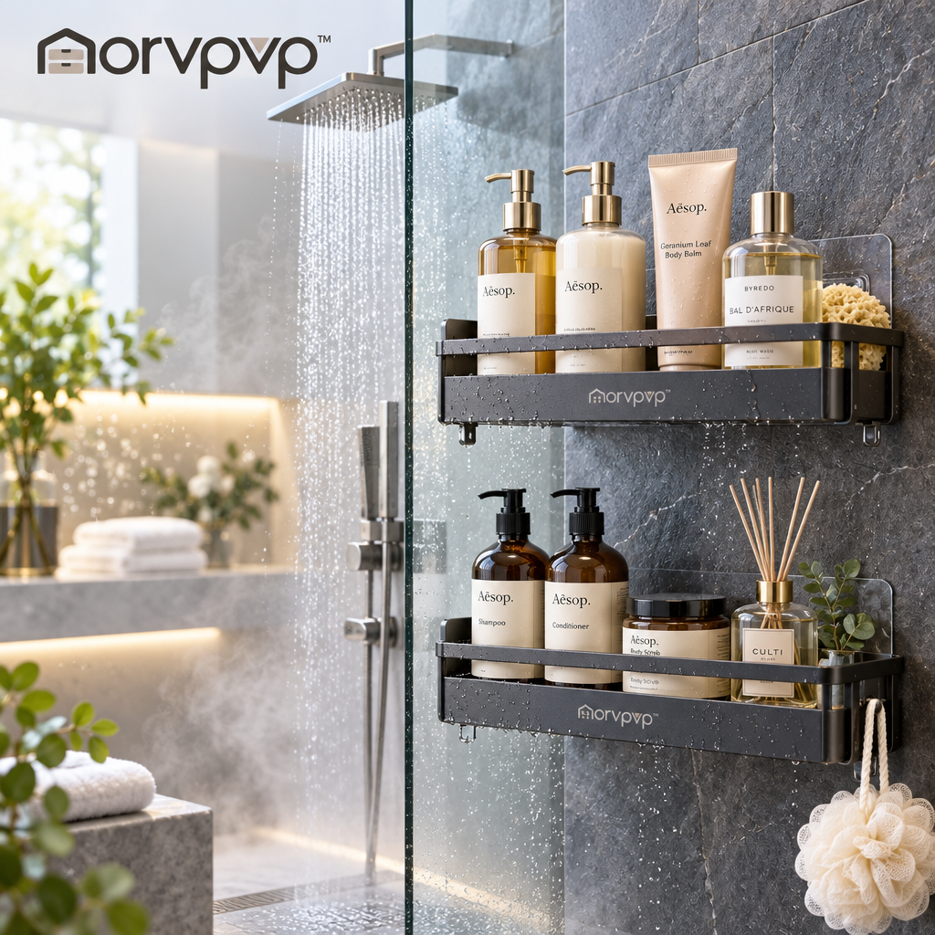 morvpvp™ AquaLine Shower Caddy Organizer, 2-Pack Wall-Mounted Bathroom Shelves with Drainage Slots & Removable Hooks for Shampoo, Conditioner, Soap & Shower Essentials