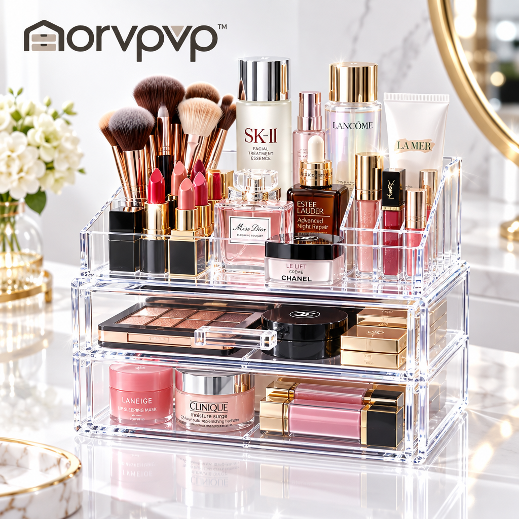 morvpvp™ ClearVista Cosmetic Organizer with Drawers, 2-Tier Clear Makeup Storage Box with Divided Top Tray for Skincare, Brushes, Lipsticks & Bathroom Vanity Essentials