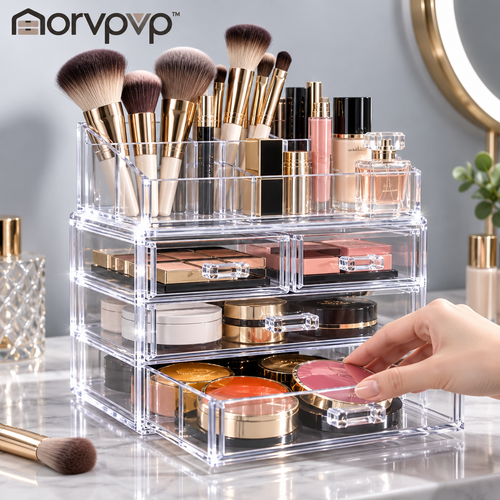 morvpvp™ ClearVista Cosmetic Organizer with Drawers, 2-Tier Clear Makeup Storage Box with Divided Top Tray for Skincare, Brushes, Lipsticks & Bathroom Vanity Essentials