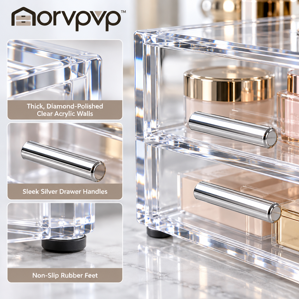morvpvp™ ClearVista Cosmetic Organizer with Drawers, 2-Tier Clear Makeup Storage Box with Divided Top Tray for Skincare, Brushes, Lipsticks & Bathroom Vanity Essentials