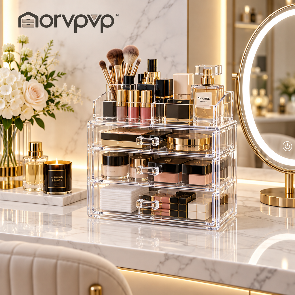 morvpvp™ ClearVista Cosmetic Organizer with Drawers, 2-Tier Clear Makeup Storage Box with Divided Top Tray for Skincare, Brushes, Lipsticks & Bathroom Vanity Essentials