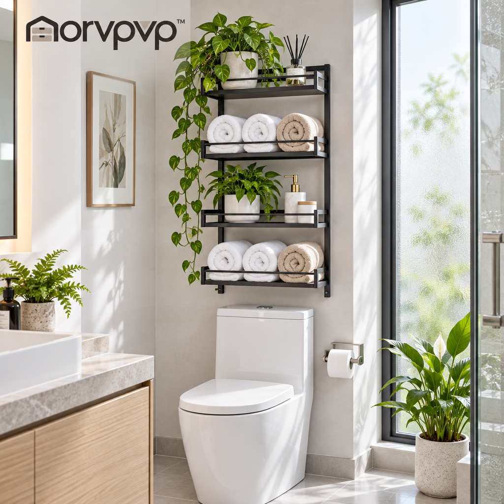morvpvp™ PureFrame Over-the-Toilet Storage Rack, 3-Tier Freestanding Metal Bathroom Shelf Organizer with Open Shelving for Towels, Toiletries & Small-Space Bathroom Storage
